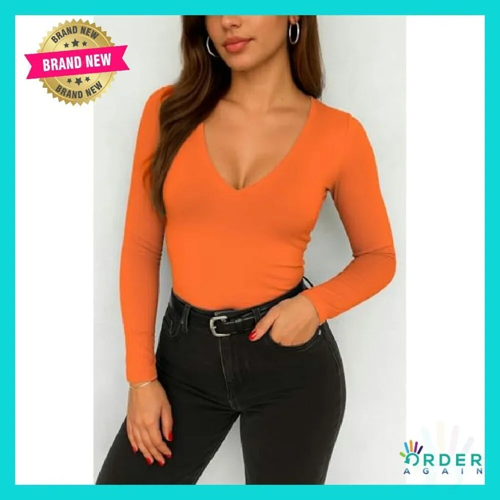 Y2K Slim Fit V Neck Crop Top Long Sleeve Double Lined Basic Tee